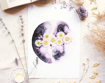 Póster de luna celeste en acuarela | Ilustración de arte celestial| Decoración Espiritual, Arte mural, Cosmos, universo | Impresión artística