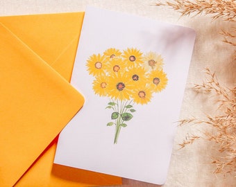 Postal ilustrada en acuarela | Ramo de girasoles | Tarjeta de felicitación, cumpleaños, amor, naturaleza, flores | Hecho a mano en Francia