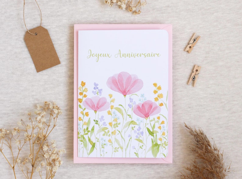 Cartão de aniversário com flores em aquarela – Ilustração floral delicada, papelaria poética imagem 1