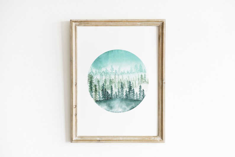 Cartel de acuarela de bosque nevado para enmarcar para decorar tu casa para Navidad, impresión de arte paisajístico naturaleza ilustrada para arte mural imagen 4
