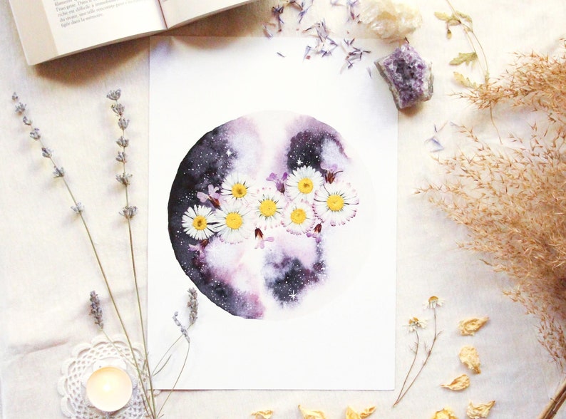 Cartaz da lua celestial em aquarela | Ilustração de arte celestial | Decoração espiritual, arte de parede, cosmos, universo | Cópia da arte imagem 1