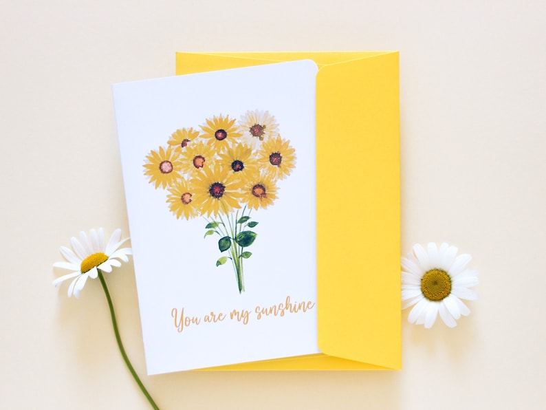 Carte "You are my sunshine" pour les amoureux, Carte tournesols à l'aquarelle pour envoyer de l'amour, fabrication artisanale image 1