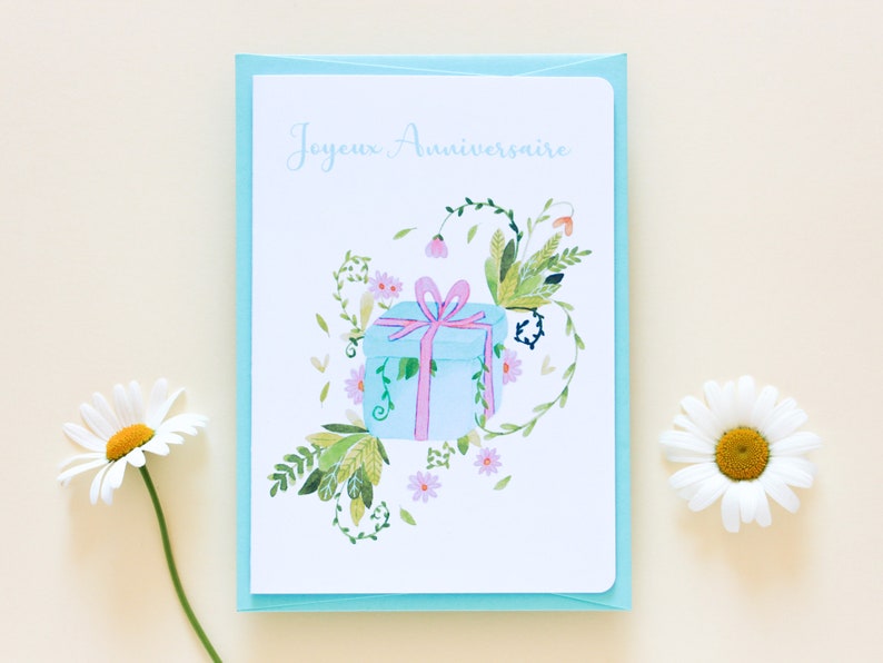 Carte d'anniversaire fleurie aquarelle, Carte cadeau "Joyeux Anniversaire", Fait-main en France image 2