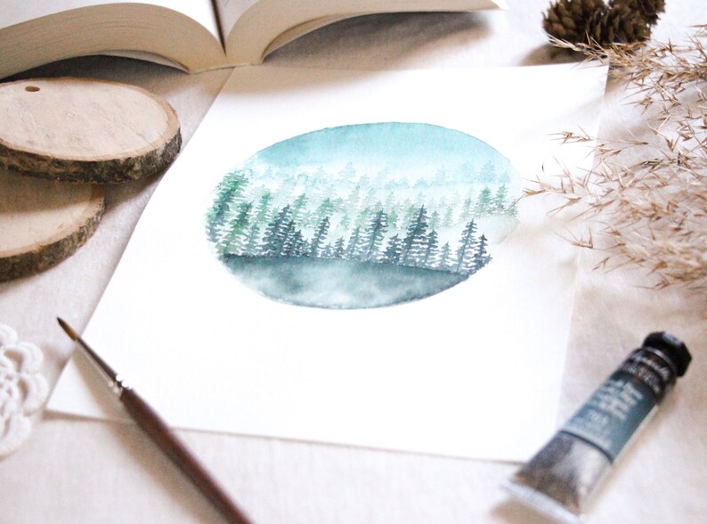Cartel de acuarela de bosque nevado para enmarcar para decorar tu casa para Navidad, impresión de arte paisajístico naturaleza ilustrada para arte mural imagen 2