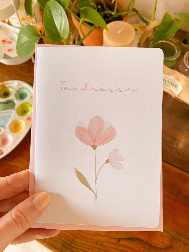 Cartão duplo feito à mão ilustrado em aquarela | Ternura | Dia das Mães, amor, amizade, natureza, flores | Caseiro imagem 5