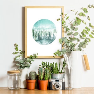 Cartel de acuarela de bosque nevado para enmarcar para decorar tu casa para Navidad, impresión de arte paisajístico naturaleza ilustrada para arte mural imagen 6
