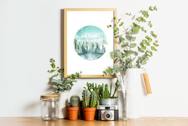 Cartel de acuarela de bosque nevado para enmarcar para decorar tu casa para Navidad, impresión de arte paisajístico naturaleza ilustrada para arte mural imagen 6