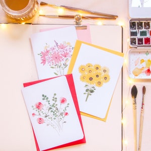 Lot de 3 cartes de voeux fleuries aquarelle pour accompagner un cadeau d’anniversaire, mariage, Cartes de voeux double fait-main
