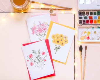 Lot de 3 cartes de voeux fleuries aquarelle pour accompagner un cadeau d’anniversaire, mariage, Cartes de voeux double fait-main