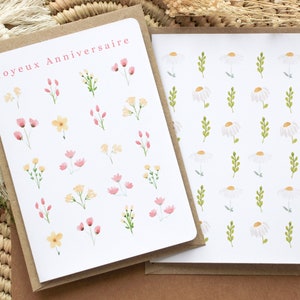Lot de 2 cartes de voeux fleuries illustrées à l'aquarelle "Joyeux Anniversaire" et "Pâquerettes" avec enveloppes kraft