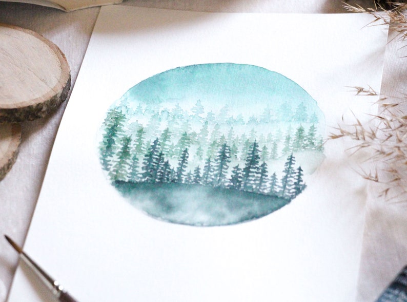 Cartel de acuarela de bosque nevado para enmarcar para decorar tu casa para Navidad, impresión de arte paisajístico naturaleza ilustrada para arte mural imagen 3