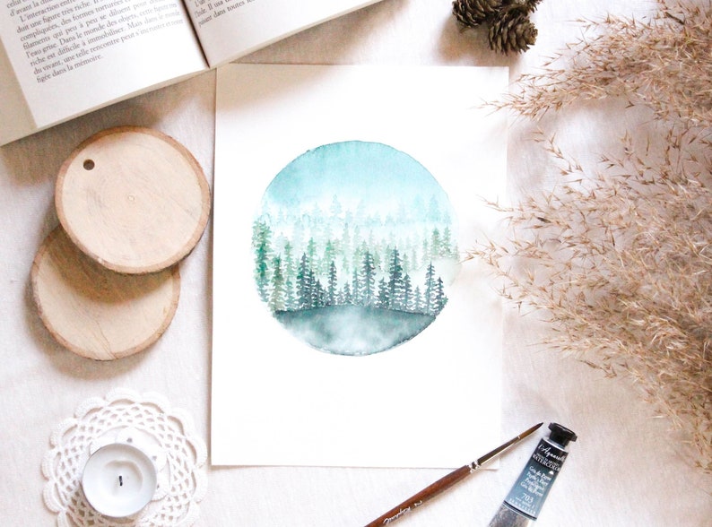 Cartel de acuarela de bosque nevado para enmarcar para decorar tu casa para Navidad, impresión de arte paisajístico naturaleza ilustrada para arte mural imagen 1