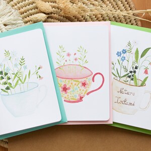 Coffret 3 cartes fleuries illustrées à l'aquarelle parfaites pour les amoureux du thé et des fleurs, Fait-main en France