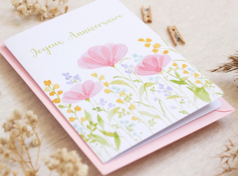 Cartão de aniversário com flores em aquarela – Ilustração floral delicada, papelaria poética imagem 3