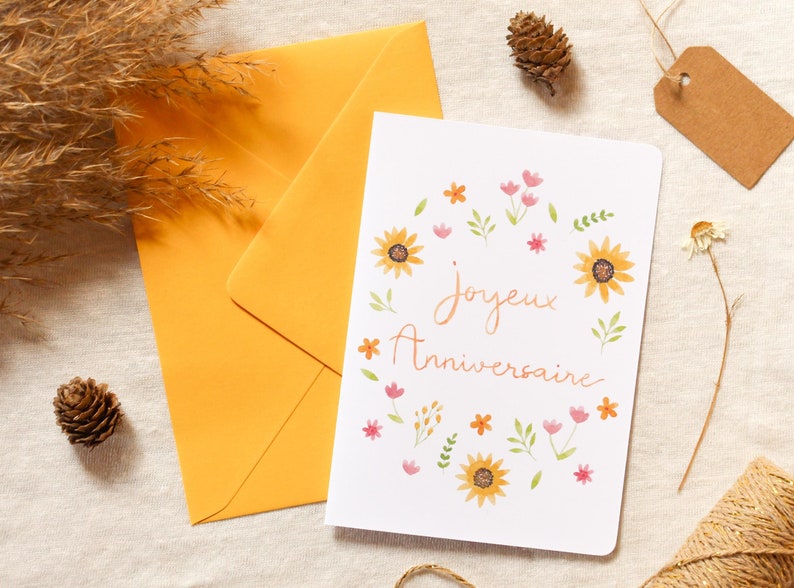 Carte d'anniversaire fleurie aquarelle | Carte cadeau "Joyeux Anniversaire" | Illustration de petites fleurs | Fait-main en France image 1