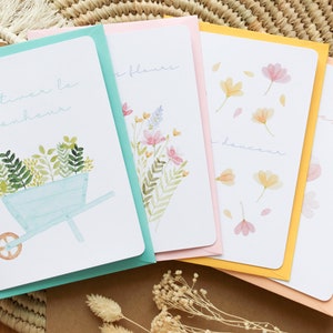 Coffret 4 cartes fleuries illustrées à l'aquarelle pour les amoureux de la nature et de douceur, Fait-main en France