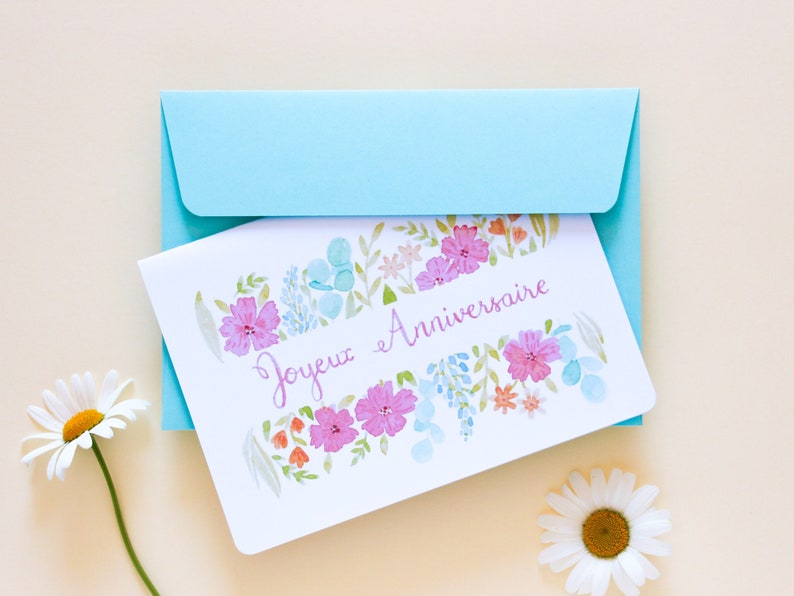 Cartão de aniversário floral - Flores delicadas aquarela, papelaria artesanal imagem 1