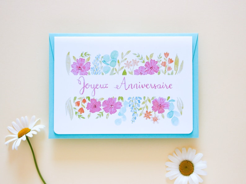 Cartão de aniversário floral - Flores delicadas aquarela, papelaria artesanal imagem 2