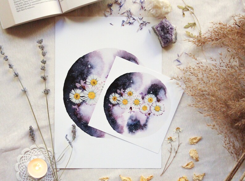 Cartaz da lua celestial em aquarela | Ilustração de arte celestial | Decoração espiritual, arte de parede, cosmos, universo | Cópia da arte imagem 2