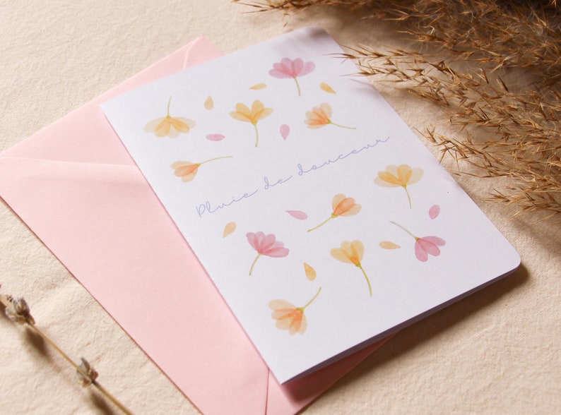 Cartão “Chuva de doçura” para dizer eu te amo, cartão de amor feito à mão impresso com flores em aquarela imagem 5