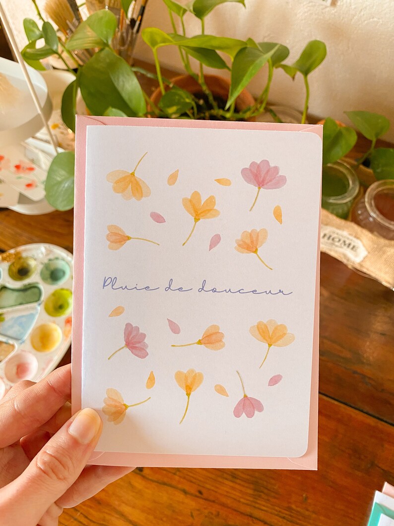 Cartão “Chuva de doçura” para dizer eu te amo, cartão de amor feito à mão impresso com flores em aquarela imagem 6