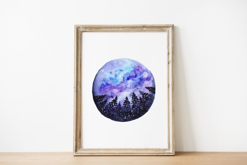 Cartel de acuarela bosque estrellado | Ilustración para enmarcar| Póster de paisaje celeste | Impresión artística, decoración mural, regalo espiritual imagen 1