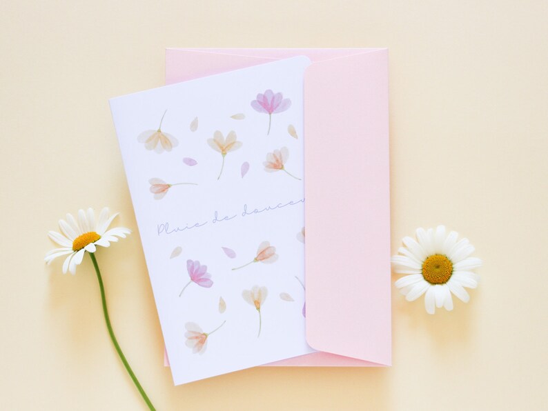 Cartão “Chuva de doçura” para dizer eu te amo, cartão de amor feito à mão impresso com flores em aquarela imagem 1