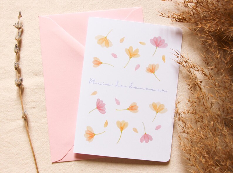 Cartão “Chuva de doçura” para dizer eu te amo, cartão de amor feito à mão impresso com flores em aquarela imagem 3