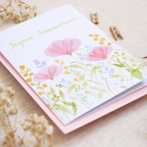 Cartão de aniversário com flores em aquarela – Ilustração floral delicada, papelaria poética imagem 2