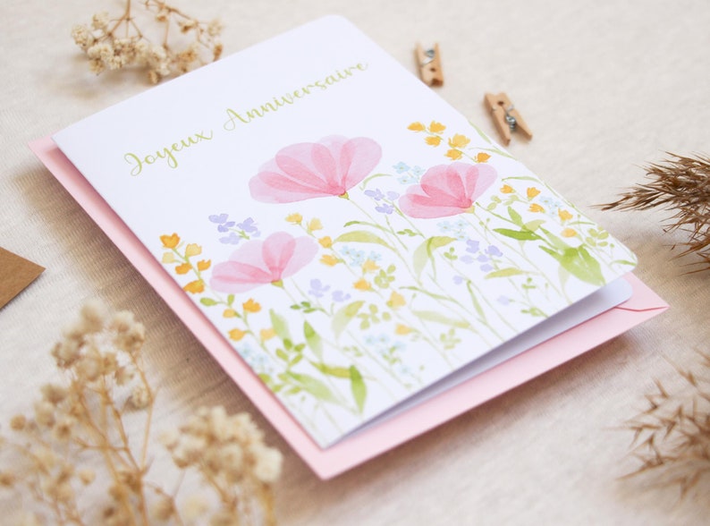 Cartão de aniversário com flores em aquarela – Ilustração floral delicada, papelaria poética imagem 2