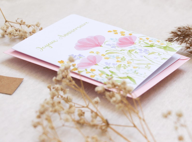 Cartão de aniversário com flores em aquarela – Ilustração floral delicada, papelaria poética imagem 4