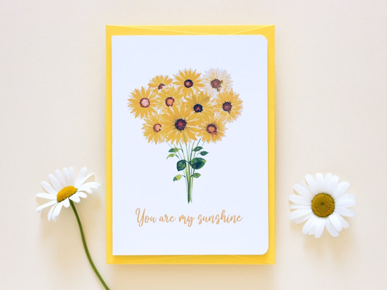 Carte "You are my sunshine" pour les amoureux, Carte tournesols à l'aquarelle pour envoyer de l'amour, fabrication artisanale image 2