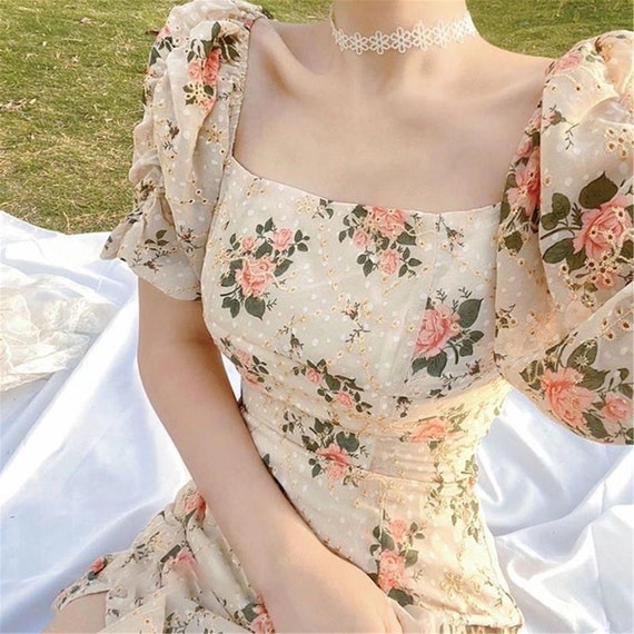 French Square Neck Puff Sleeve Dress 