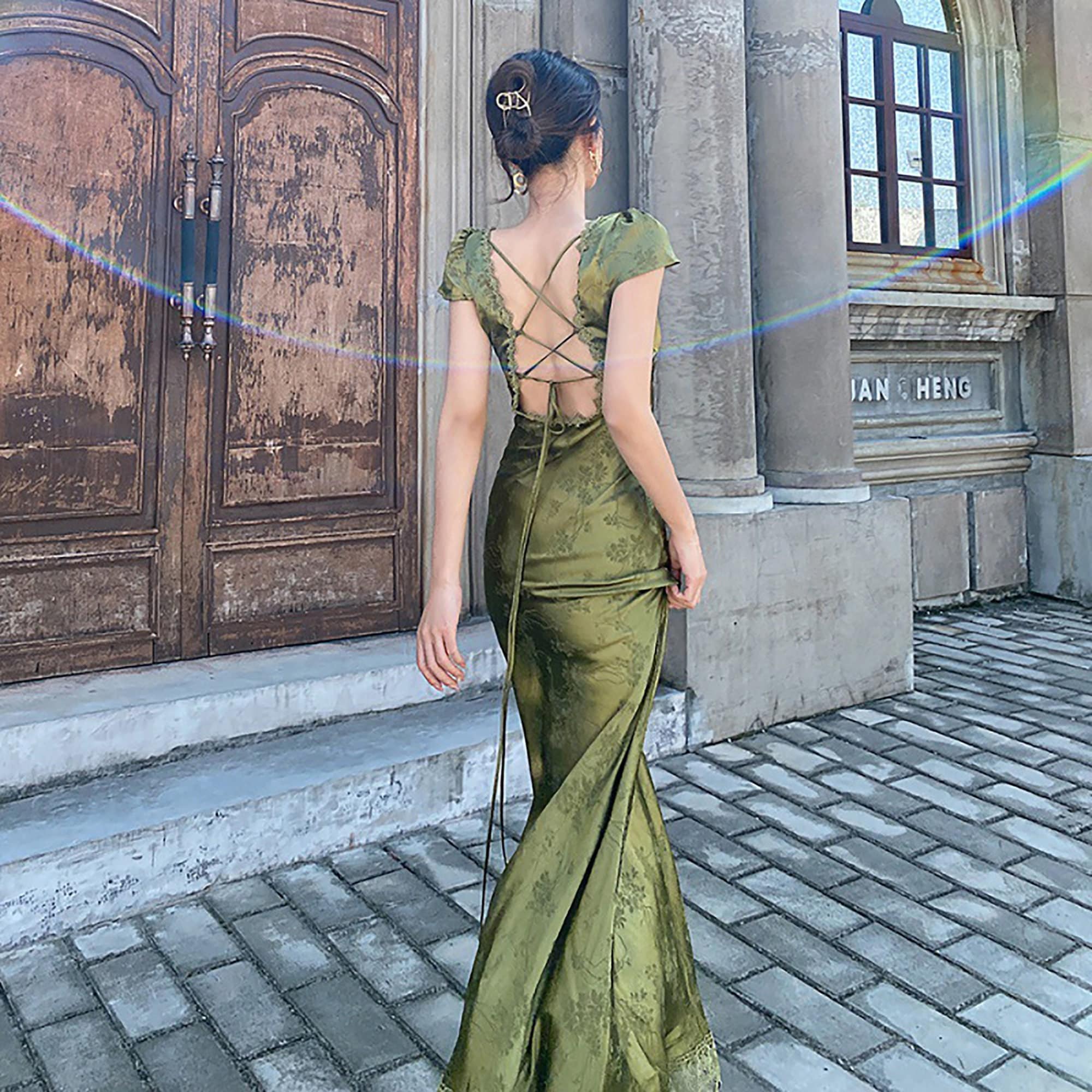 Olive Green Long Dress, Olive Green Tied Back Dress, Olive Green Slit Slip  Dress, Khaki Long Skirt Dress, Silk Maxi Dress, Green Long Dress -   Sweden