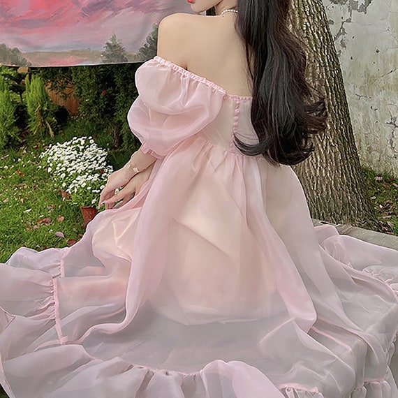 Herdlyprod Pink Princess Dress,Sweet Puff Sleeve Dress,French Fairy Dress,Milkmaid Dress,Prom Dress,Cottagecore Dress,organza Ruffles Dress,Beach Dress