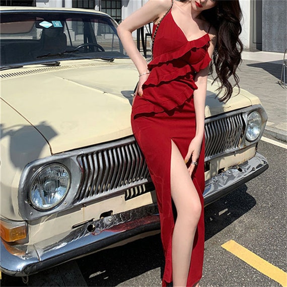 Red Halter Dress Holiday Dress Beach Dress Prom Dress Vintage