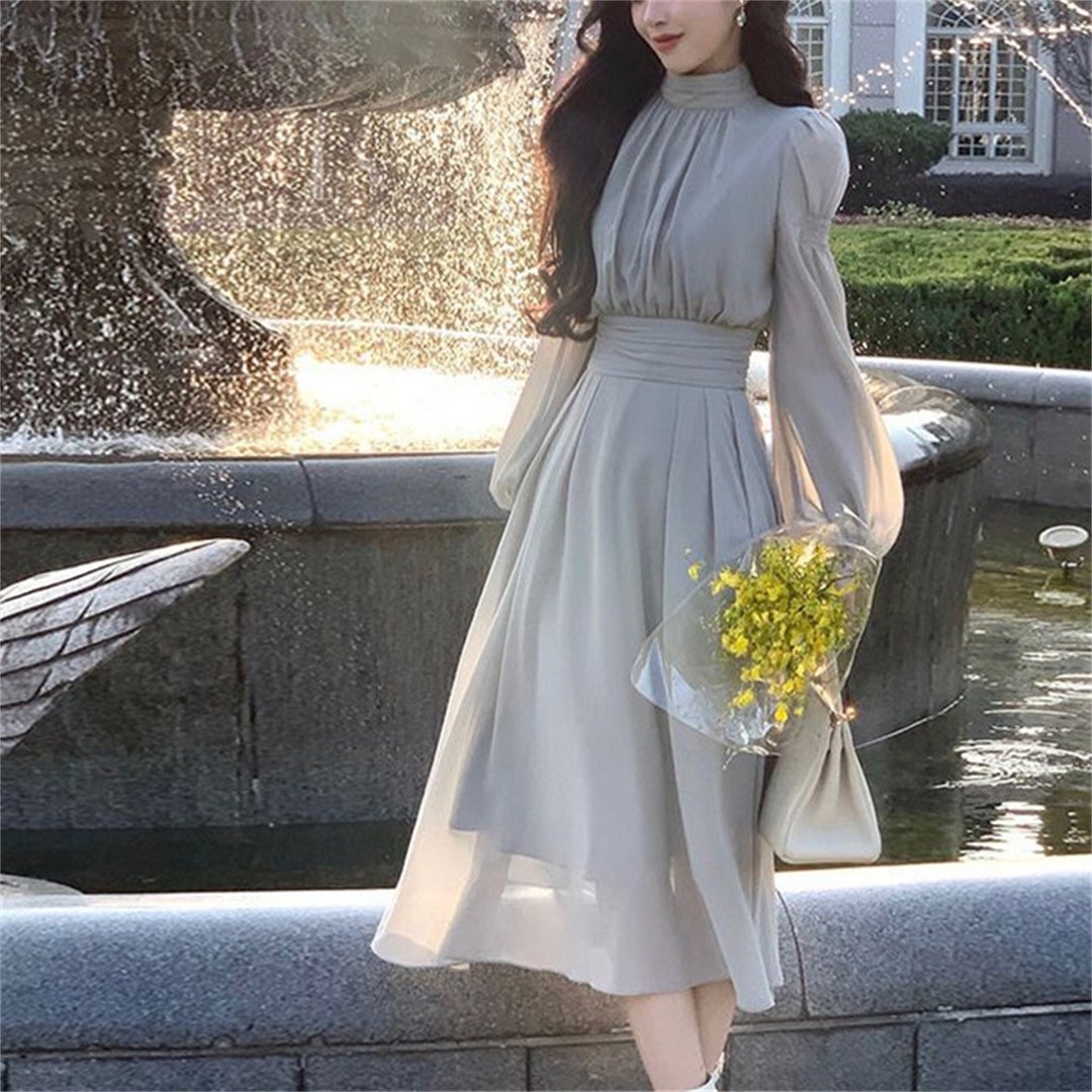 Elegant Autumn Winter Dress, Solid Color Fairy Dress, Gentle Princess ...