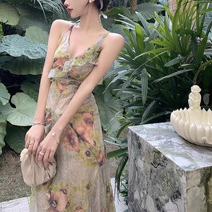Vintage Green Floral Slip Dress, French Backless V-neck Long Dress ...