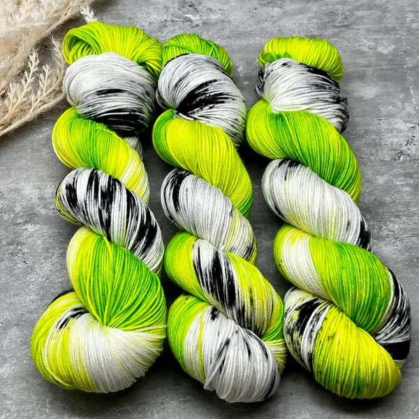 The Walls Will Ooze Green Slime - Neon Green, Black, White Merino Nylon Yarn, Superwash, Merino Cashmere, Fingering, Hand Dyed, Indie Dyed