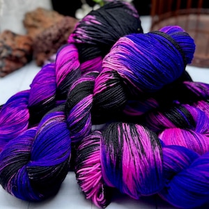 Star Lord - Purple, Neon Pink, Black, Merino Nylon Yarn, Superwash Merino Fingering, DK, Worsted, Bulky Hand Dyed