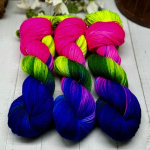 Wicked: Take 2 - Neon Green, Neon Pink, Blue Hand Dyed Yarn, Superwash Merino Nylon, Fingering, DK Worsted, Aran, Bulky, Sock Yarn