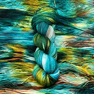 Sunken Treasure - Green, Blue, Aqua, Gold, Merino Nylon Yarn, Superwash Merino Fingering, DK, Worsted, Bulky, Variegated Yarn, Hand Dyed