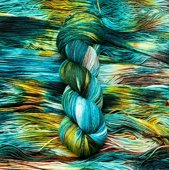 Sunken Treasure - Green, Blue, Aqua, Gold, Merino Nylon Yarn, Superwash Merino Fingering, DK, Worsted, Bulky, Variegated Yarn, Hand Dyed