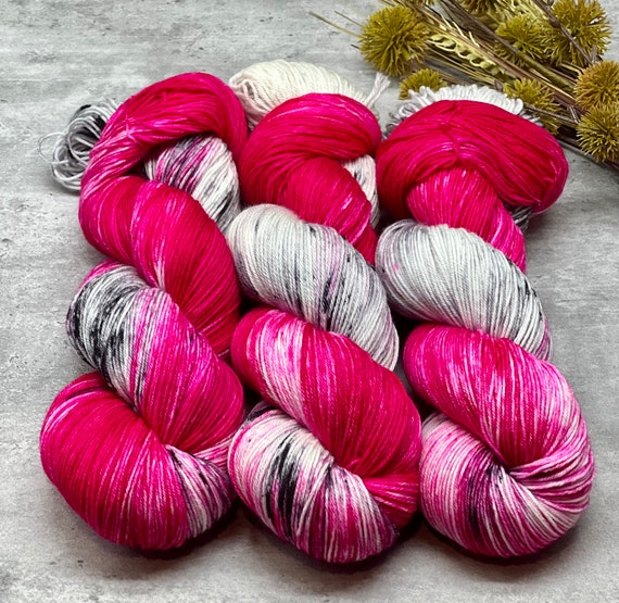 Dragonfruit - Superwash Merino Nylon Fingering, DK, Worsted, Bulky, Spring Yarn, Sock Set, Bright Pink, Black, White