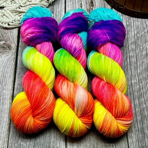 Poseidons Prism - Neon Pink, Magenta, Red, Yellow, Orange, Superwash Merino Nylon Fingering, DK, Worsted, Bulky, Spring Yarn