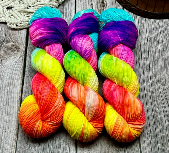 Poseidons Prism - Neon Pink, Magenta, Red, Yellow, Orange, Superwash Merino Nylon Fingering, DK, Worsted, Bulky, Spring Yarn