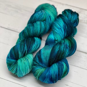 Fathoms Below- Blue, Green, Hand Dyed MCN, Fingering Sock Yarn, Superwash, Hand Painted Merino Cashmere, Ocean Colors