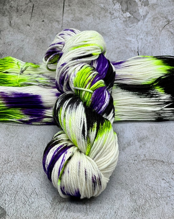 Villains - Hand Dyed Superwash Merino/Nylon Worsted, DK, Sweater Quantities, Blanket Weight Yarn, Halloween Yarn, Neon Green, Black, Purple
