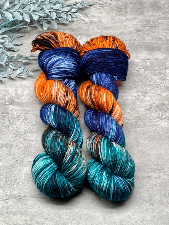 Coral Reef - Hand Dyed Superwash Merino/Nylon Worsted, Blanket Weight Yarn, Gift for Her, Blue Teal, Orange, Black, Sock Yarn, Fingering, DK