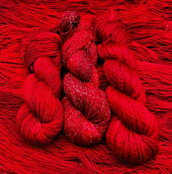 Poinsettia - Red, Semi-Solid, Tonal Merino Nylon Yarn, Superwash, Merino Cashmere, Fingering, DK, Worsted, Bulky Hand Dyed Yarn